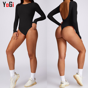 Kadın uzun kollu açık geri Bodysuit Tops Control wear heykel düz açık kasık Yoga spor tulum ile kontrol külot - Product Image 2