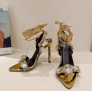 Dropshipping Logo personalizzato strass sottili tacchi alti sandali a punta da donna <span class=keywords><strong>Sexy</strong></span> scarpe col tacco - Product Image 1