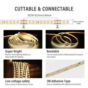 Tira de LED SMD2835 de Alta Eficiencia, 6W/m, 200LM/W, 144 LEDs/m, 8mm, CRI90, DC24V, IP65, Impermeable, para Decoración Arquitectónica de Contornos - Product Image 4