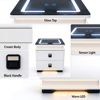Table de chevet nordique simple et intelligente avec chargeur sans fil, plateau en verre, lumière LED, 2 tiroirs, grande capacité, table de chevet pour chambre à coucher