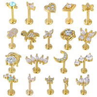 G23 Titanium 16G 8mm Flat Back Labret Stud Internal Thread Butterfly Heart Zircon Lip Piercing Unisex Earring.