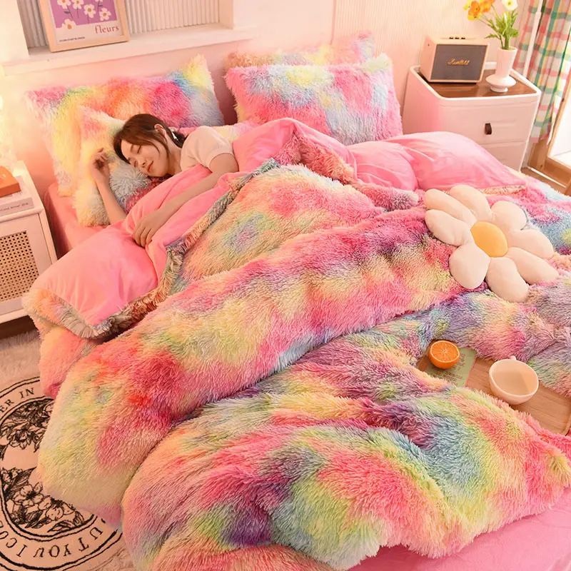Velvet Fluffy Plush Soft Bedding 4-piece Set for Girls Bedroom Sheets Set Rainbow Colored Artificial Fur Wholesale Luxury Winter