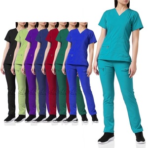 Women Scrub Set V Neck Short Sleeve Pants Moisture Wicking Hospital Dental Clinic Uniform Workwear Split Set S XXL - Product Image 1
