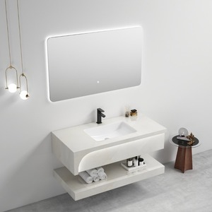 Mueble de baño flotante gris con lavabo de cerámica integrado y espejo con retroiluminación LED - Product Image 3