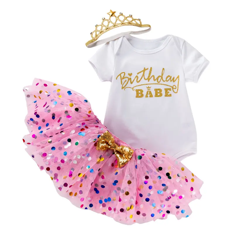 Boutique niño niña letra lentejuelas princesa vestido gran oferta bebé niña cumpleaños fiesta vestido mameluco 3 piezas conjunto