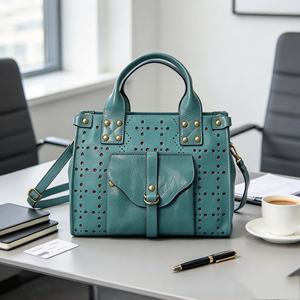 Sac à main élégant en cuir perforé avec poche avant à rabat et accents rivetés, sac décontracté à poignée supérieure - Product Image 3
