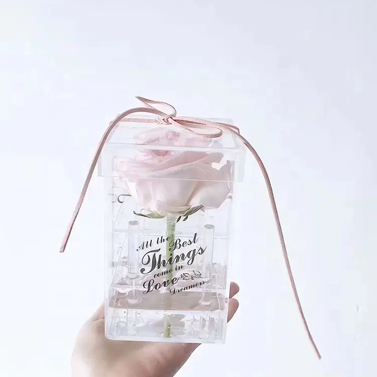 Caixa de acrílico simples transparente, caixa de acrílico para rosas preservadas flor