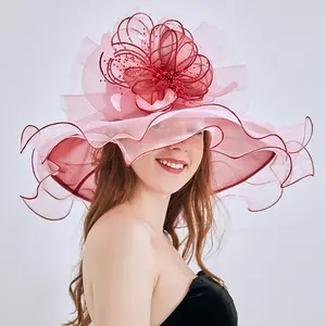 女性夏季欧根纱羽毛花圆顶礼帽肯塔德比教堂派对可折叠太阳帽