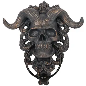 Horned God Skull Hanging Door Knocker Skeleton Head Door Knocker Hell Devil Horn Skull Door Hanging Resin Goat-Figure Hanger