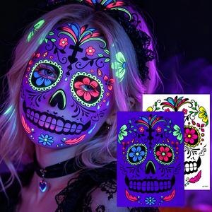 Tatuajes Temporales que Brillan en <span class=keywords><strong>la</strong></span> Oscuridad, UV Neón, Dí<span class=keywords><strong>a</strong></span> de Muertos, Calavera Mexicana, Pegatinas Faciales para Halloween - Product Image 1