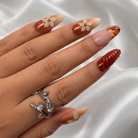 Faux Ongles Press-On Personnalisés Orange Amande, Effet Marbre Floral 3D, Texture Or Bourgogne, Gel Brillant, Vente en Gros OEM