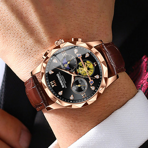 Binbond Men's Quartz Watch Rose Gold Black Dial Chronograph Moon Phase Date Leather Strap 11mm Analog 30M Waterproof - Product Image 3