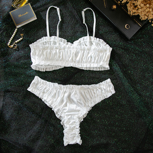 Wholesale <b>White</b> Ruffle Bralette Lingerie <b>Set</b> Women Wireless Ruched Crop Bra Thong <b>2</b>-<b>Piece</b> Solid Color Cute Breathable Bra <b>Set</b> - Product Image 2