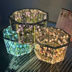 Espelho de tulipa artificial DIY feito a mão para presente de Dia dos Namorados luz noturna LED lâmpada de flor rosa decoração de casa lâmpada de tulipa octógono cubo