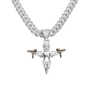 Collar con Colgante Temático de Dos Pistolas de Acordeón, Diseño de Ángel Bandido, Chapado en Oro de 14K, Aleación de Zinc Personalizada, Estilo Bling Completo, Cadena Cubana Bicolor para Fiesta - Product Image 2