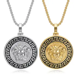 Hiphop Greek Coin Medal Moissanite Luxury Stainless Steel 18K Gold Plated Filled Pendant Jewelry Necklaces For Woman Men 2024