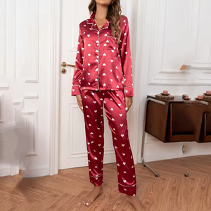 Wholesale Romantic Satin Long Two-Piece Pajama Set For Women Festive Red Home Pajamasas A Wedding Gift
