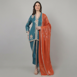 Vestido Tradicional Premium de 3 Piezas para Mujer, Azul y Naranja con Lentejuelas, Cuentas y Pedrería de Perlas para Eventos - Product Image 1