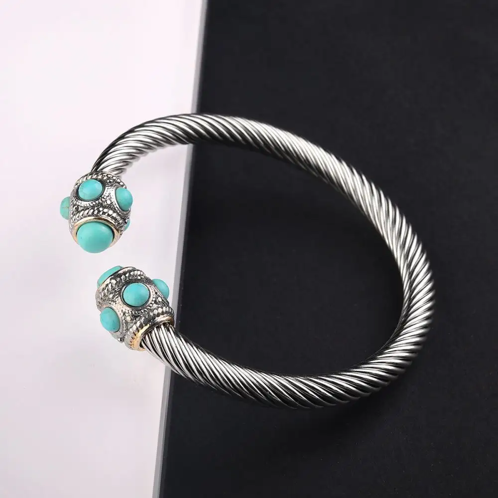 Brazalete de acero inoxidable sin deslustrar, joyería turquesa, dos tonos, cable de 6MM, brazalete trenzado ajustable abierto