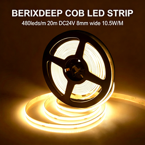 Ruban <span class=keywords><strong>LED</strong></span> COB 480 <span class=keywords><strong>LED</strong></span>/m 20m 24V 8mm CRI 92+ sans points, dimmable pour armoire, miroir, étagère, <span class=keywords><strong>plan</strong></span> <span class=keywords><strong>de</strong></span> <span class=keywords><strong>travail</strong></span>, meuble - Product Image 1