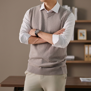 Gilet pull col en V ample et moelleux pour homme, tricoté, imprimé numériquement, fin, respirant, chaud et confortable pour l'automne, de haute qualité - Product Image 3