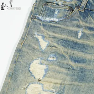 Jeans slim personnalisés de haute qualité en coton pour hommes, lavage lourd OEM
