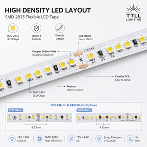 Tira de Luces <span class=keywords><strong>LED</strong></span> SMD 2835 de 12 V 24 V, 120 <span class=keywords><strong>LED</strong></span>/m 240 <span class=keywords><strong>LED</strong></span>/m, Cinta <span class=keywords><strong>LED</strong></span> Flexible para Gabinetes, Cocinas, Iluminación de Proyectos Comerciales - Product Image 2