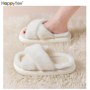 Offre Spéciale hiver mode femmes chaud moelleux confortable fausse fourrure croix <span class=keywords><strong>bande</strong></span> intérieur facile diapositives pantoufles plat fourrure dames bouffée pantoufles - Product Image 6