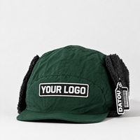 Casquette de baseball unisexe réglable en nylon froissé à 5 panneaux avec cache-oreilles en polaire Sherpa et patch d'étiquette tissée personnalisée, chaude pour l'hiver et les activités de plein air