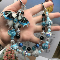 Breloque de sac Dragon Fantastique perlée, Dragon à ailes en strass de cristal, Cordon de téléphone, Porte-clés à double rang de perles avec fermoir mousqueton