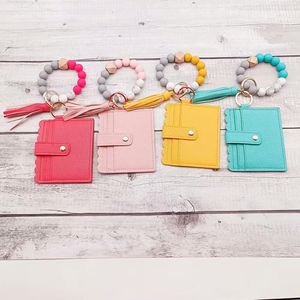 Silicone Bead Wristlet Wallet Keychain Wallet Card Holder Pu Leather Key Chains Tassel Lady Coin Purse <strong>Keyring</strong> Wristlet Key <strong>Ring</strong> - Product Image 4