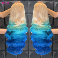 Wig Rambut Manusia Mewah Grosir Model Body Wave untuk Wanita, 13x4 HD Lace Front, Warna Ombre Pirang 613, Biru, Pink, Oranye