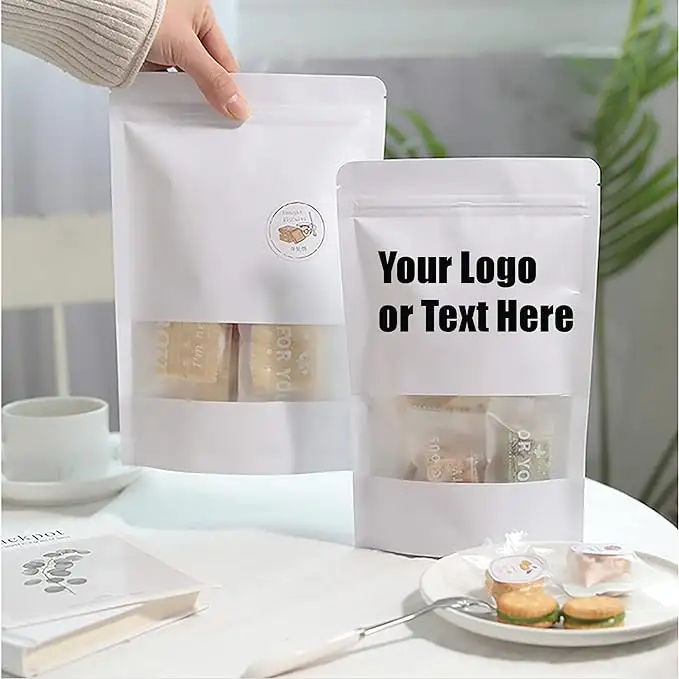 Sacos de papel kraft branco com logotipo personalizado doypack atacado, sacos de papel kraft com janela e desenho