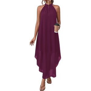 Robe longue fluide asymétrique en mousseline pour femme, style licou sans manches, idéale pour l'été, la plage ou les vacances, coupe décontractée à taille ample - Product Image 1