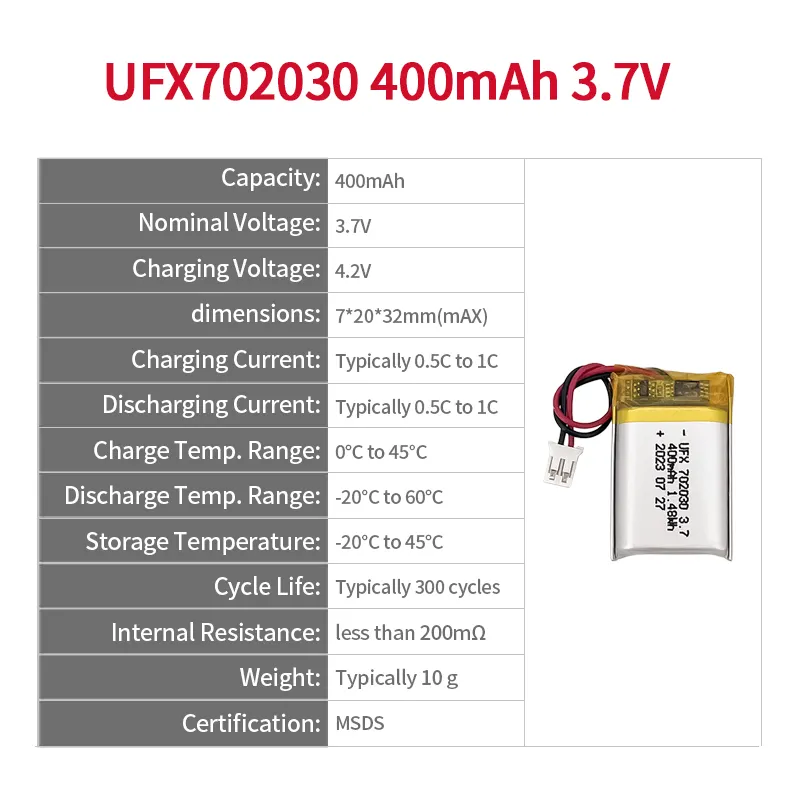 리튬 이온 전지 제조업체 배터리 구동 애완 동물 장난감 UFX 702030 400mAh 3.7V 원통형 배터리 팩