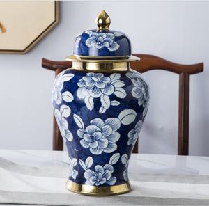 Classica custodia per fiori blu e <span class=keywords><strong>bianca</strong></span> grande vaso di zenzero in <span class=keywords><strong>ceramica</strong></span> con bordo dorato - Product Image 2