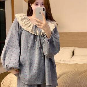 Conjunto de Pijama de Otoño, Estilo Dulce de Princesa, con Ribete de Encaje, Ropa de Dormir para Niñas, Mezcla de Algodón Transpirable, Conjunto de Ropa Holgada para el Hogar - Product Image 1