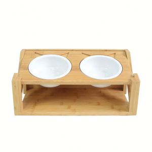 ชุดชามน้ำอาหารสุนัขชามเซรามิกพร้อมขาตั้งไม้กันลื่นสำหรับสุนัขและแมว - Product Image 4