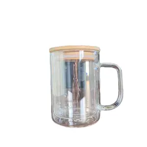 Wholesale 15Oz Double Wall Glass Coffee Mug Bottles Can Shape Bamboo Lid Straw Sublimation Snowglobe Mug Juice 16 Oz Capacity