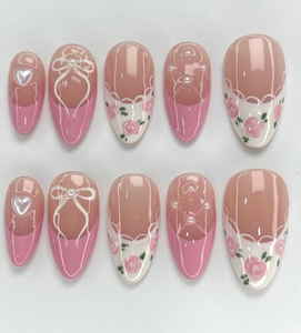 <span class=keywords><strong>Uñas</strong></span> Postizas de <span class=keywords><strong>Almendra</strong></span> Hechas a Mano, Juego de <span class=keywords><strong>Uñas</strong></span> Postizas de Material PMMA, Cobertura Completa, <span class=keywords><strong>Rosa</strong></span> Dulce, Floral en Relieve, Aurora 3D, de Alta Gama - Product Image 2