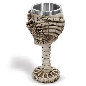 Tasse à tige en acier inoxydable personnalisée Tasse à pied à whisky unique Squelette en résine Halloween Crânes de sourire blanc Gobelet en argent