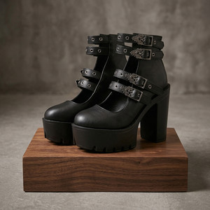 รองเท้าบูทคาวบอยแบบส้นตึกสีดำสำหรับผู้หญิง รุ่นใหม่ประจำฤดูใบไม้ร่วง พร้อมโลโก้สั่งทำพิเศษ ตกแต่งหัวเข็มขัดโลหะ ส้นสูงแบบแพลตฟอร์ม - Product Image 3