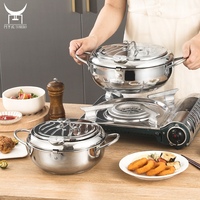 Sartén para freír tempura sin recubrimiento con control de temperatura y tapa, y rejilla escurridora de aceite, olla para freír profunda de acero inoxidable 304