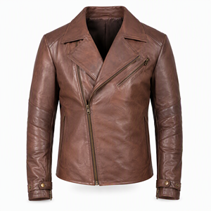 <b>Men's</b> Genuine Leather Asymmetrical Zip Biker <b>Jacket</b> Vintage Brown Motorcycle Coat Quilted Sleeve Moto Outerwear - Product Image 2