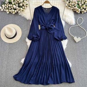 Nuevos Vestidos Elegantes Plisados Retro con Mangas Largas Tipo Linterna, Cintura Alta, Corte en A, Estilo Celebridad, Ropa Versátil para Mujer - Product Image 5