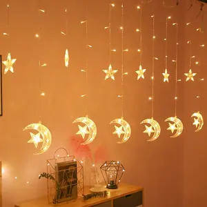 Лидер продаж, светодиодная гирлянда в виде звезды и Луны Diwali, украшение Рамадана, занавеска на окно, 8 мигающих режимов, праздничное освещение