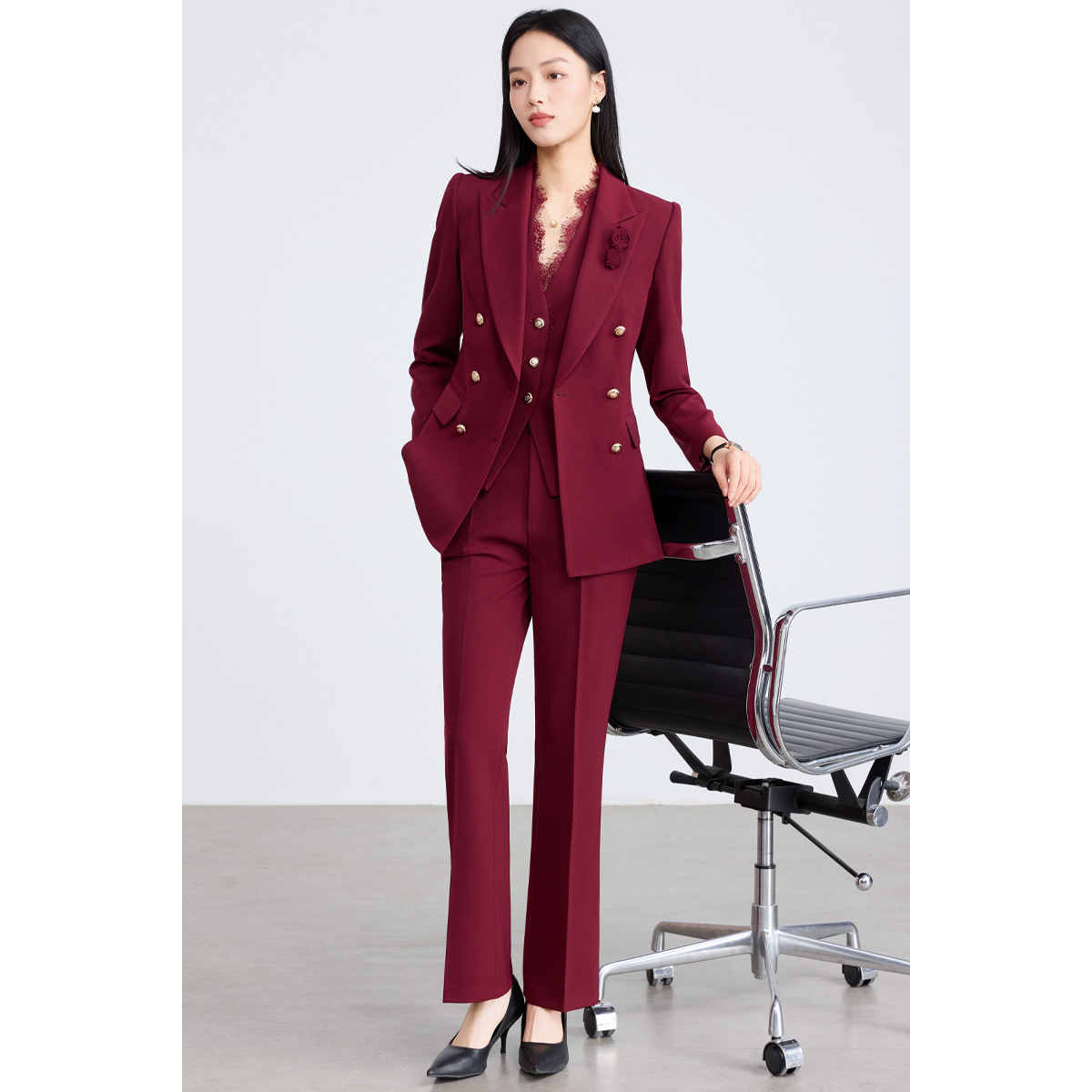 Red suit with slightly flared trousers