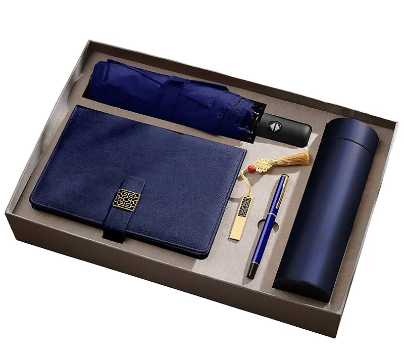 Personalização presente do negócio A caixa de presente conjuntos de cinco Notebook plus assinatura caneta 16g USB guarda-chuva e garrafa térmica set
