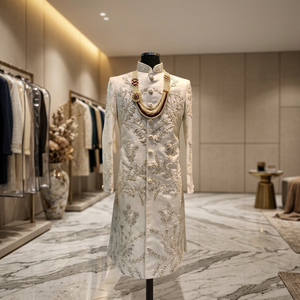 STYLISH EMBROIDERY on WHITE SILK FABRIC SHERWANI,<b>PANT</b> & MATCHING Men's Suits & Blazer>Men's Suits Product - Product Image 4