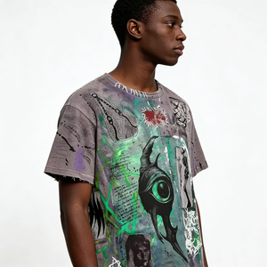 เสื้อยืดทรงบ็อกซี่โอเวอร์ไซส์ ผ้าฝ้าย 100% 300 GSM พิมพ์ลาย DTG ล้างสีแบบแอซิดวอช ดีไซน์แบบแพทช์เวิร์ค ขาดๆ แบบดิสเทรส - Product Image 3